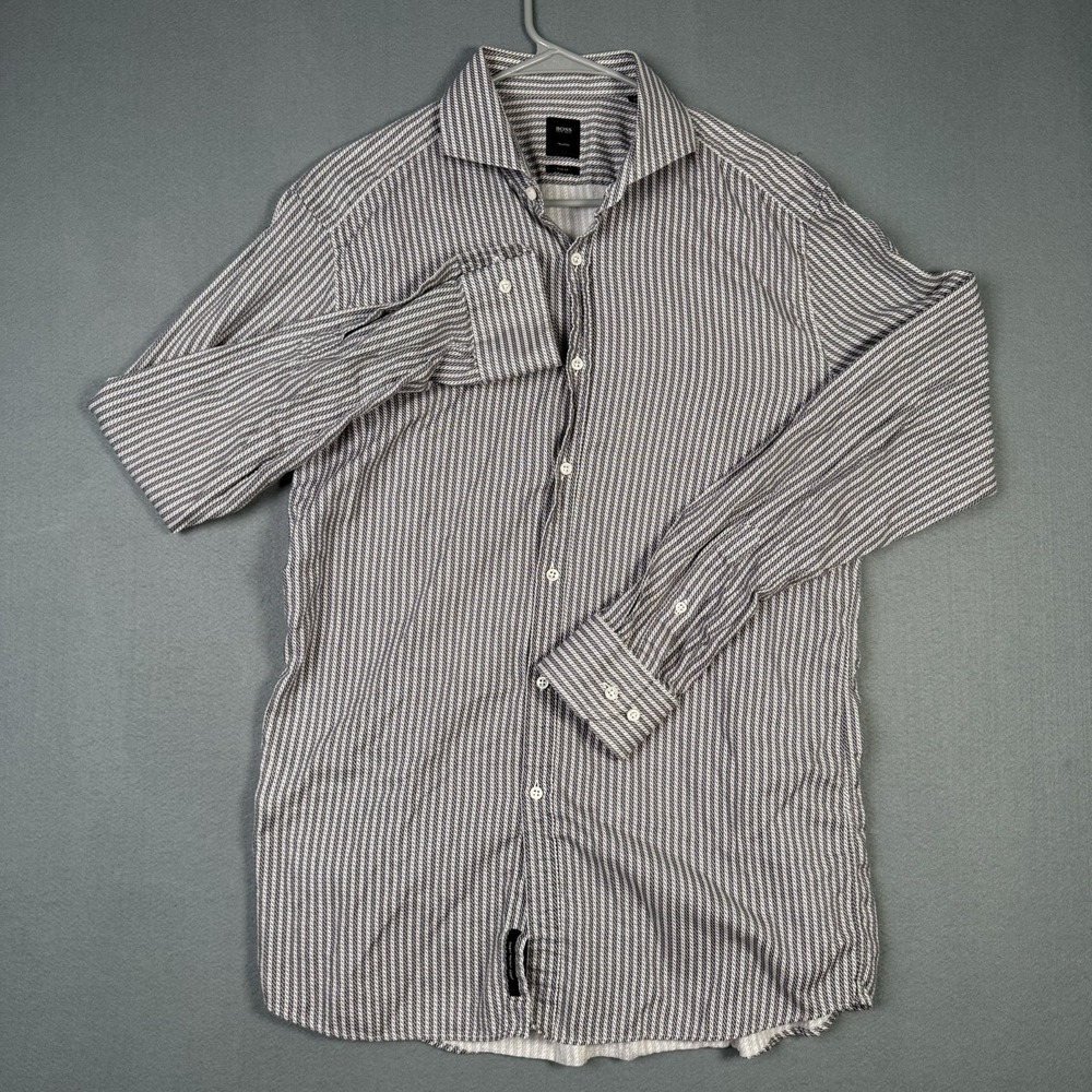 Hugo Boss T-Swain Shirt Mens 17 43 Gray Slim Fit Italian Fabric Tailored Dress